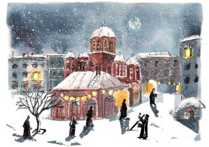 10 x Christmas cards – Winter Service, Koutloumousiou Monastery, Mount Athos by Tim Vyner